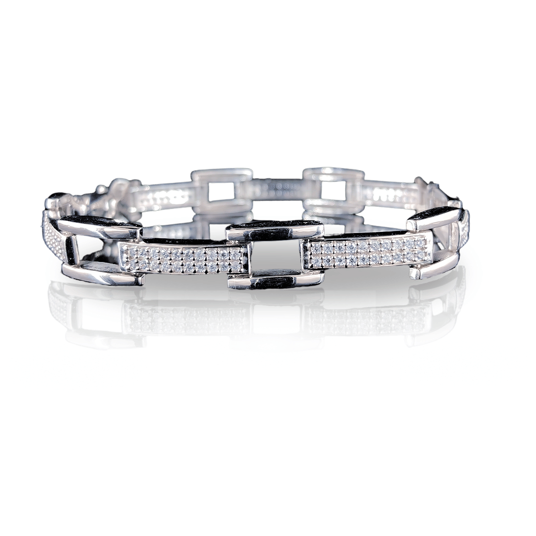 Artisanal Finish CZ-Stone Encrusted Men’s Silver Bracelet