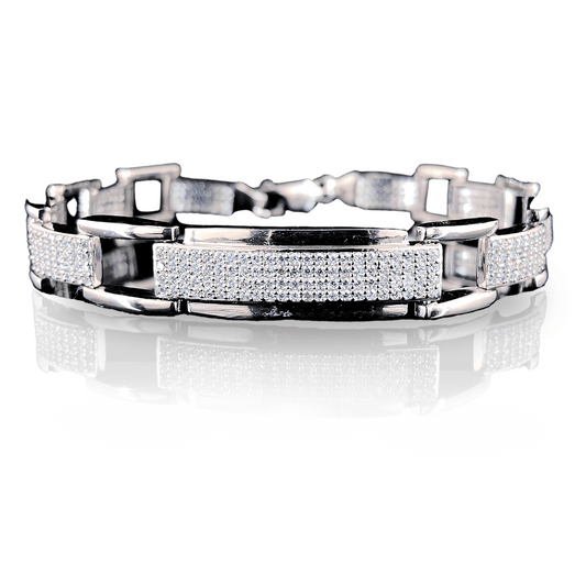 Elegant Engraved CZ Loose-fit Pure Silver Bracelet for Men