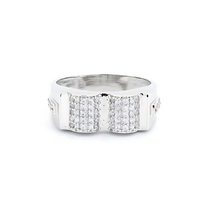 Men's silver ring with elegant V-shaped and circular motif design
